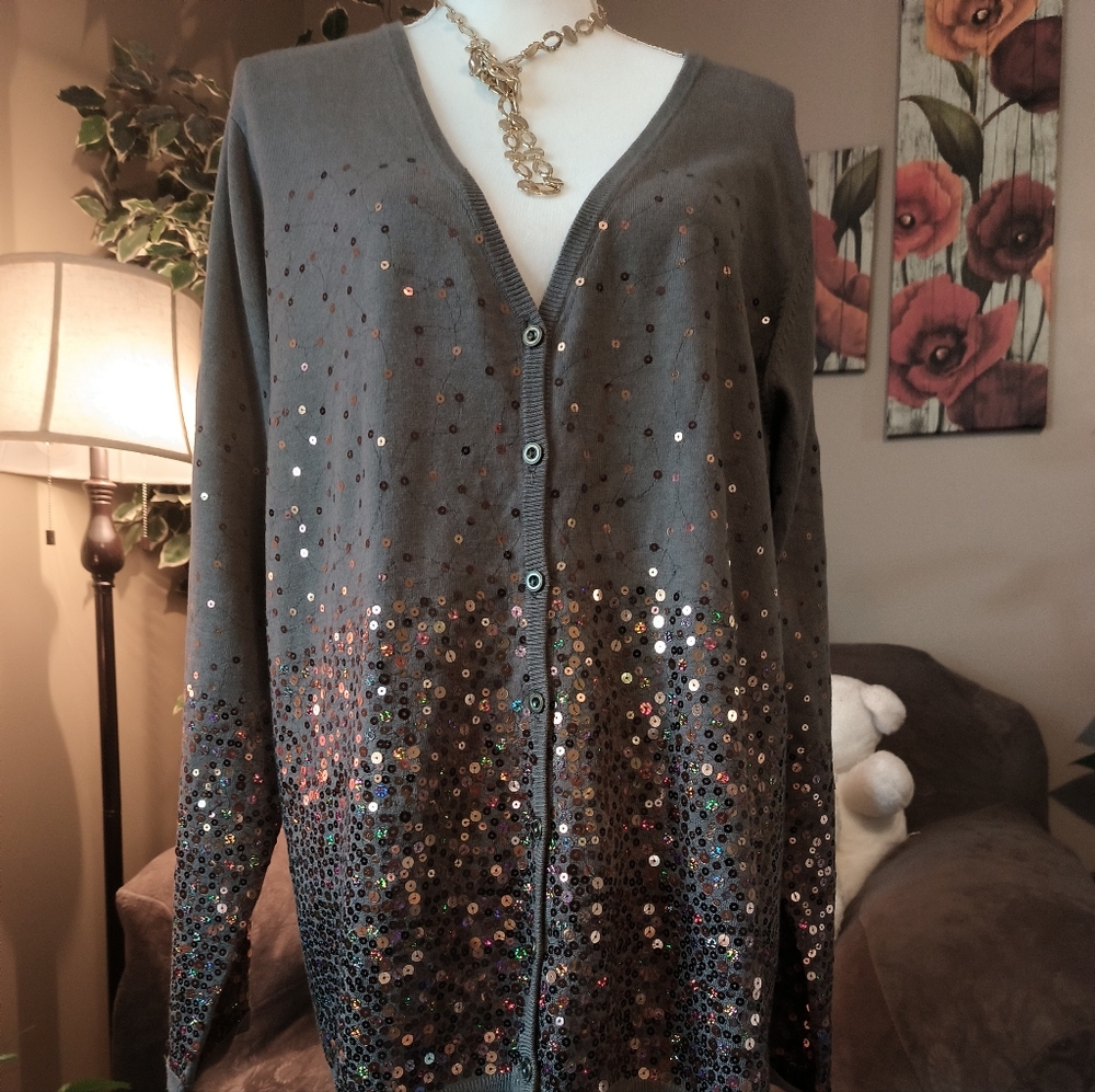 DG2 Diane Gilman Sequin Embellished Olive Green Cardigan Sweater
